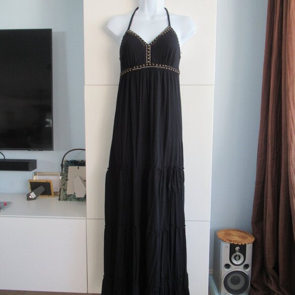 Express Boho Western Maxi Dress XS Tiered Embellished Halter Dress Black - Picture 1 of 9